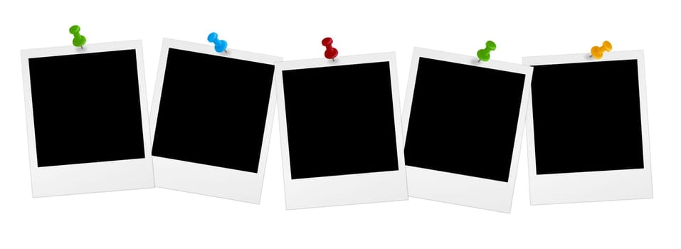 5 Polaroids in a row with colored pins