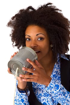 African American woman with can phone - isolated on white background