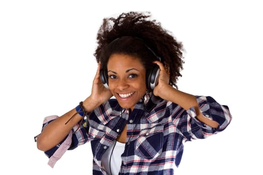 Young african american woman with headphones - isolated on white background