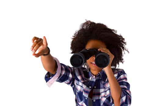 Young woman with binoculars - isolated on white background