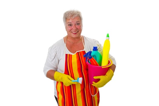 Senior woman with cleaning supplies - exposed on white background