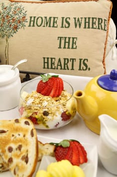 Breakfast with muesli tea and toast ready to serve.