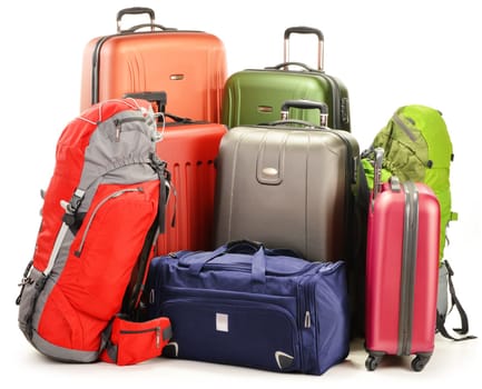 Luggage consisting of large suitcases rucksacks and travel bag isolated on white