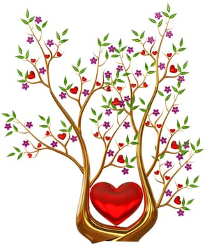 Beautiful golden tree with expensive ruby red hearts, green leafs and lilac flowers as jewelry