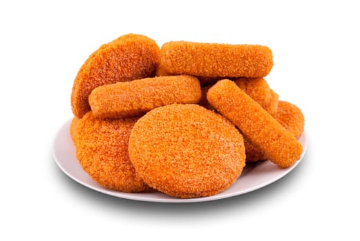 Fish fingers and fishcake burgers on a plate. Isolated white background.