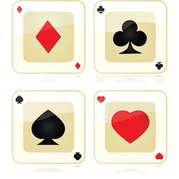 Collection of four glossy playing card icons, reflected over a white surface