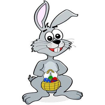 Cartoon illustration showing the Easter bunny carrying a basket of eggs