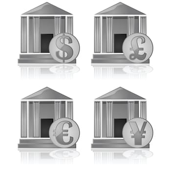 Illustration showing a bank icon with different currency symbols in front of it