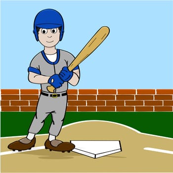 Cartoon illustration showing a baseball player holding a bat near homeplate