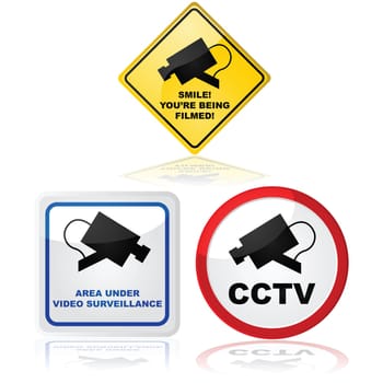 Signs showing that a video camera is in use in the place where the sign is located