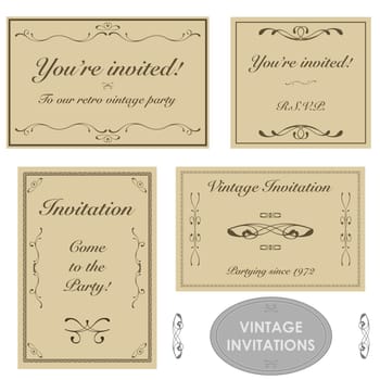 Set with four different vintage invitations printed on brown paper