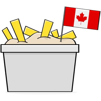 Cartoon illustration showing a bowl of the traditional Canadian food called poutine, made of cheese, fries and gravy