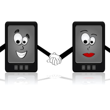 Cartoon illustration showing two smartphones holding hands