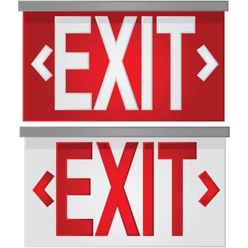 Glossy illustration showing a white exit sign over red, and a red exit sign over white