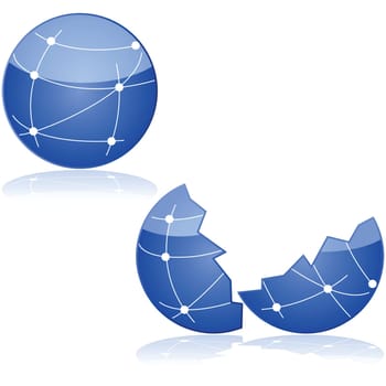 Concept illustration showing one globe with connections between dots to symbolize a network and the same globe broke in half.