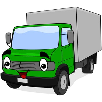 Cartoon illustration showing a happy green truck