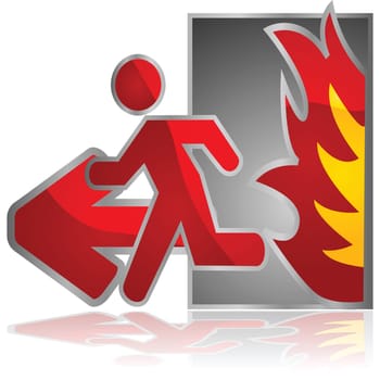Glossy illustration of a fire exit sign with a man running from an open flame