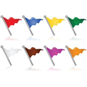 Set with flags of different colors being reflected over a white background