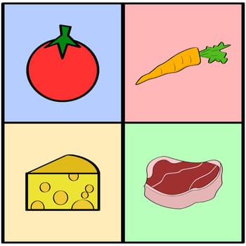 Cartoon illustration showing colorful squares with different grocery items