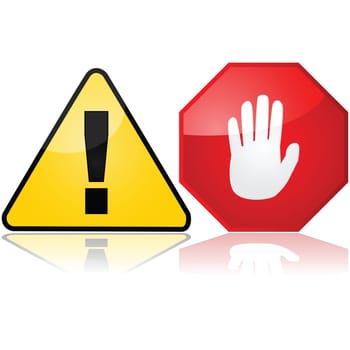 Set with two different warning signs, one showing an exclamation mark and another an open hand