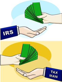 Cartoon illustration showing a person handing over money to the IRS or the tax man