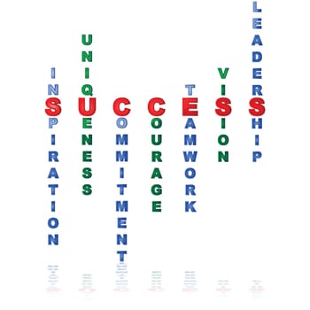 Concept illustration showing a series of different words in blue making up the word 'success' in red.