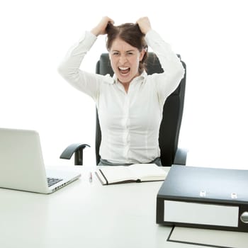 young brunette business woman is frustated hands on head and hair