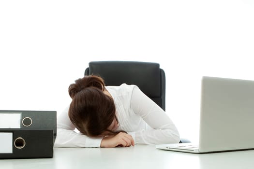 young brunette businesswoman with glasses fall asleep