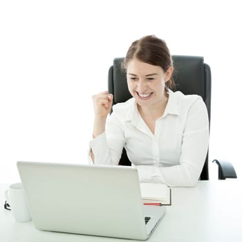 young brunette business woman is happy behind laptop