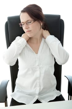young brunette business woman with glasses has pain in neck
