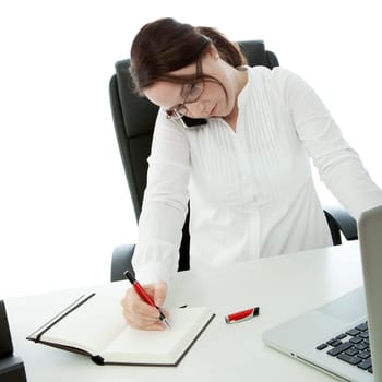 young brunette business woman with glasses is in trouble with work
