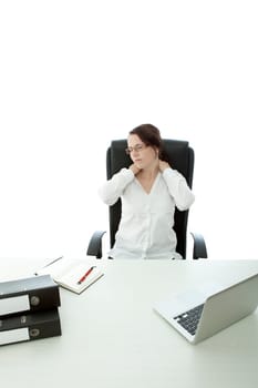 young brunette business woman with glasses pain in neck on desk