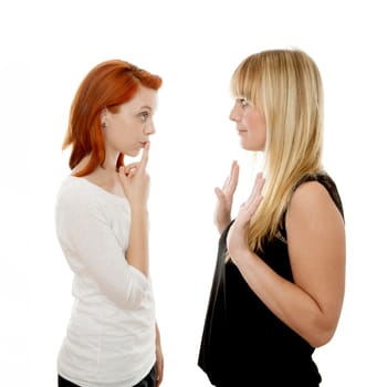 young beautiful red and blond haired girls in front of white background