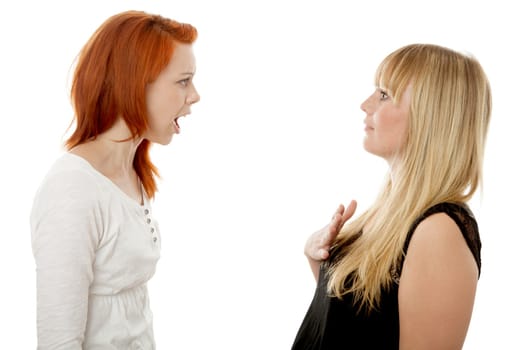 young beautiful red and blond haired girls in front of white background