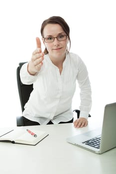 young brunette businesswoman with glasses welcome you