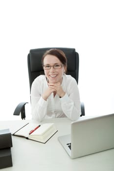 young brunette businesswoman with glasses smiling