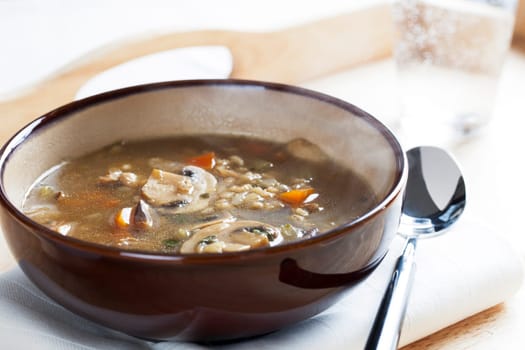 bowl of vegetarian mushroom and barley soup