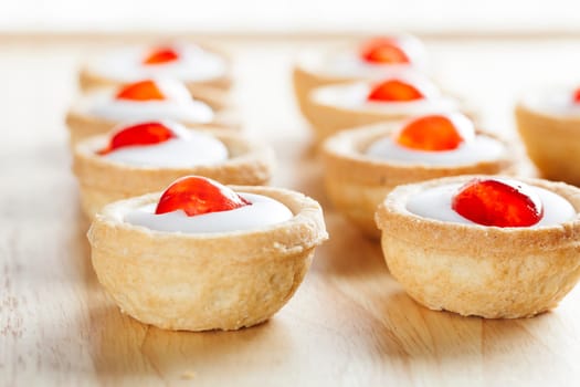 Sweet bakewell pastry treats on a table top at eye level