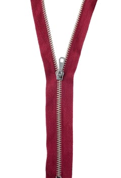 Close-up of a red zipper isolated on white