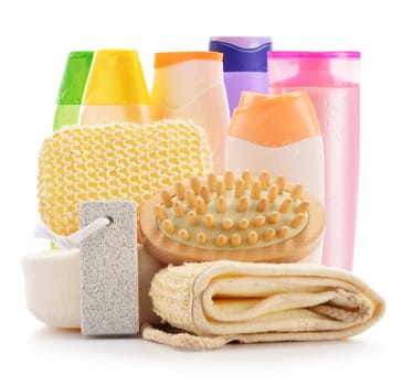 Composition with body care accessories and beauty products isolated on white