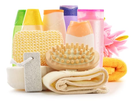 Composition with body care accessories and beauty products isolated on white