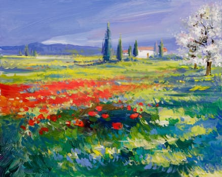 Summer Landscape Painted on Wooden Panel - Acrylic Paints