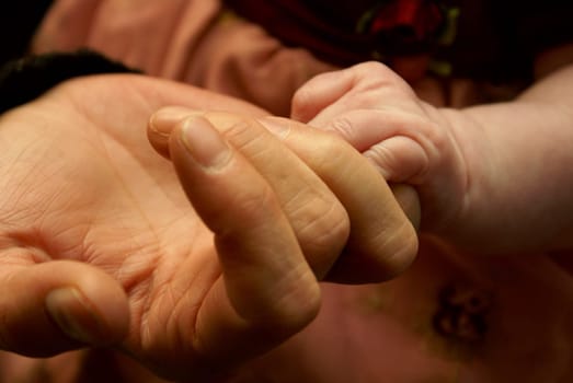 An older woman holds a young babies hand.