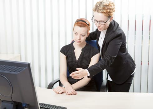 Portrait of business partner studying statistics in front of computer