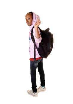 A black teen school girl waving goodbye and leaving for school with her black backpack on her back for white background.