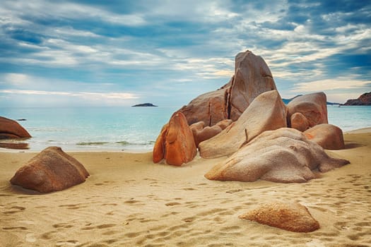 Beautiful beach. Stones on the foreground