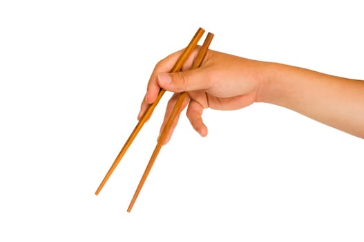 isolated man hand holding wooden chopstick, with clipping path in jpg.