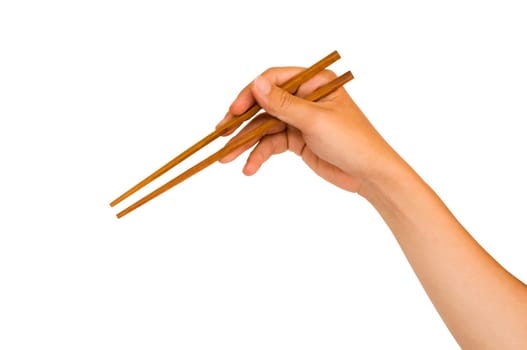 isolated man hand holding wooden chopstick, with clipping path in jpg.