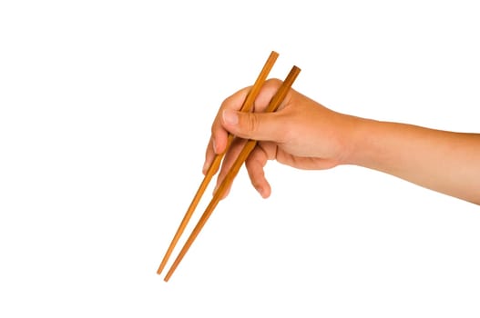 isolated man hand holding wooden chopstick, with clipping path in jpg.