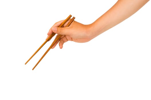isolated man hand holding wooden chopstick, with clipping path in jpg.